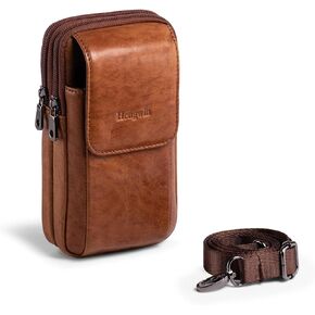 Hengwin Genuine Leather Phone Holster for Belt Men, Belt Clip Wallet Case Fit for iPhone 15 14 13 12 Pro Max, Samsung Galaxy A54 A34 S23+ Belt Pouch, Travel Crossbody Cell Phone Purse Belt Bag (Brown)