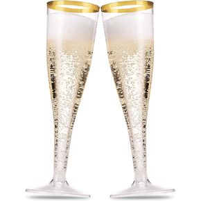Munfix 100 Pack Gold Plastic Champagne Flutes, 5 Oz Clear Plastic Toasting Glasses Fancy Disposable Wedding Party Cocktail Cups with Gold Rim