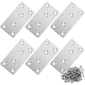 6 Pcs Flat Mending Plate 4 x 2 inch Stainless Steel Flat Bracket Metal Straight Brace Repair Joining Mending Bracket for Wood Furniture, with Screws