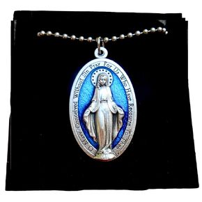 XL Blue Enamel Miraculous Medal, 30" Stainless Steel Ball Chain Miraculous Necklace, Catholic Gift, Our Lady Medal, Italian Medal, Giant Miraculous Medal Measures 1 3/4 inch