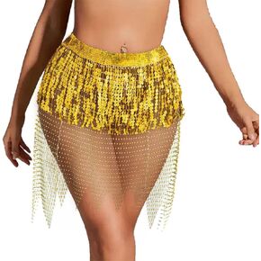 Nicute Sequin Mesh Rhinestone Skirt Sparkly Fringe Belly Dance Skirt Glitter Disco Prom Skirts Costume for Women and Girls