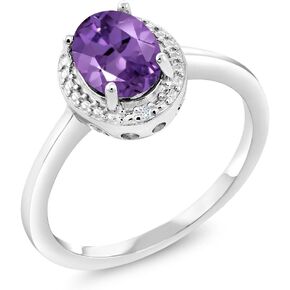 Gem Stone King 925 Sterling Silver Purple Amethyst and White Diamond Engagement Ring For Women (1.01 Cttw, Gemstone February Birthstone, Oval 8X6MM, Available In Size 5, 6, 7, 8, 9)