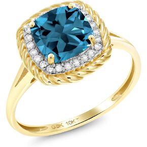 Gem Stone King 10K Yellow Gold Gemstone Birthstone and White Diamond Engagement Ring | Cushion 7MM | Wedding Engagement Anniversary Promise Gold Ring For Women