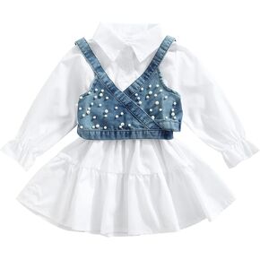 2PCS Baby Girl Strap Pearl Denim Crop Tops Beading Back Bandage Vest + Lapel Button Shirt Dress Set