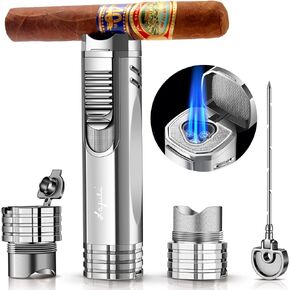 Triple Jet Flame Cigar Lighter, Cigar Punch, Cigar Draw Enhancer, Cigar Holder,All-in-one Refillable Butane Torch Lighter. Cigar Accessories(Gas Not Included)