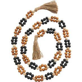 Deco 79 Mango Wood Handmade Round Double Layered Long Carved Beaded Garland with Tassel with Black and Cream Accents, 80" x 2" x 2", Brown