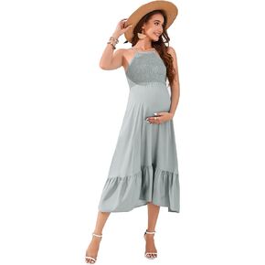 Maternity Halter Neck Dress Sleeveless Summer Casual Smocked Spaghetti Strap Maxi Dress Photoshoot Baby Shower