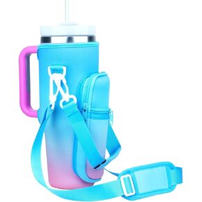 Water Bottle Holder with 2 Straps and 2 Pockets for Stanley Tumbler 40oz, Water Bottle Carrier Bag Sling with Adjustable Shoulder and Hand Strap for Hiking, Walking Camping Travelling