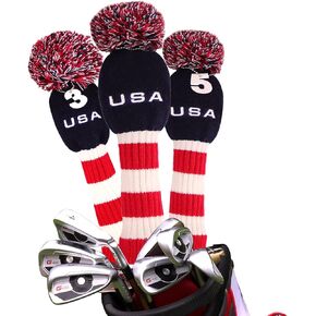BIG TEETH Knitted Golf Club Head Covers Set of 3 Driver 460cc Fairway Hybrid UT Covers Pom Pom with Number Tag
