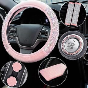7 Pcs Pink Bling Pink Steering Wheel Cover Set Fluffy Car Accessories for Women Includes Rhinestone Seat Belt Covers and 2.75 Inch Bling Car Cup Holders Fuzz Gear Shift Cover Crystal Push Start Button