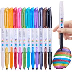 YUANCHENG Metallic Marker Pens, Set of 12 Medium Point Metallic Markers for Black Paper, Acid-Free, Smooth Writing, Ideal for Arts & Crafts, Scrapbooking, DIY Projects, Glass, Wood