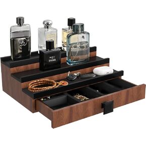 Cologne Organizer for Men, 3 Tier Wooden Cologne Display Shelf Stand with Drawer Storage Perfume Holder Organizer and Hidden Compartment Storage Display Risers, Great Gift for Man
