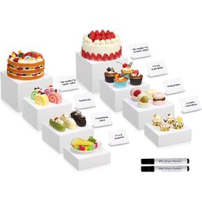 Geelin 8 Pack White Food Risers and 8 Display Signs 2 Markers Acrylic Risers Stands with Hollow Bottom Buffet Display Stands Nesting Cube Boxes for Catering Dessert Buffet Table Collectibles