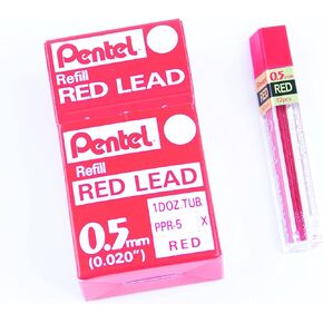 Pentel Lead 0.5mm, Red, 12 Leads Per Tube, Box of 12 Tubes (PPR-5)