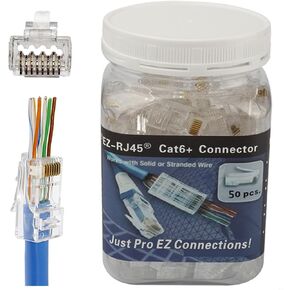 PETECHTOOL RJ45 CAT6A CAT6 Pass Through Connectors 23 AWG Cables 50-Pack - End Bold Ethernet 8P8C Gold Plated Modular Plug for Unshielded Twisted Pair Solid Wire & Standard Cables