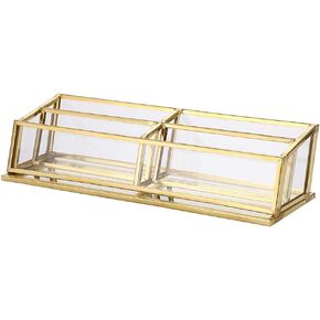 Hipiwe 4 Slots Glass Business Card Holder Stand - Vintage Gold Metal Name Card Display Stand Office Desktop Countertop Business Card Organizer