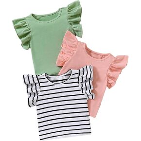 OYOANGLE Girl's 3 Piece Cute Striped Print Ruffle Short Sleeve T-Shirts Set Infant Summer Clothes Pink Multi 12-18M