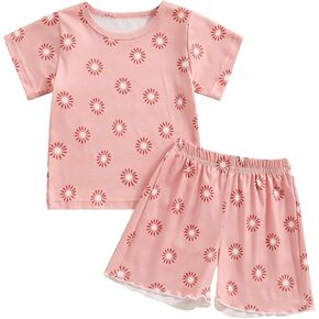 Toddler Baby Girl Summer Clothes Floral Short Sleeve Shirt Top and Shorts Cute Ribbed Outfit Clothing Set in Kuwait