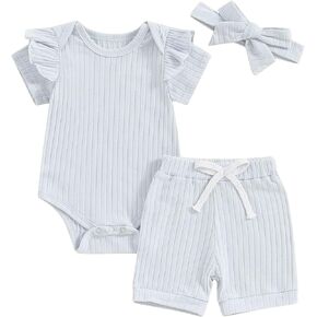 Karuedoo Newborn Baby Girl Clothes Basic Solid Ribbed Knit Ruffle Short Sleeve Romper Shorts Headband Set 3Pcs Summer Outfits