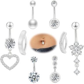 CASDAN 8Pcs Belly Button Ring Surgical Stainless Steel Belly Rings for Women 14G Belly Button Navel Piercing with CZ Heart Flower Body Piercing Jewelry