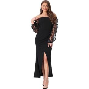 Allegra K Womens Elegant Long Sleeve Off Shoulder Cocktail Dresses Bodycon Ruched Split Midi Dress