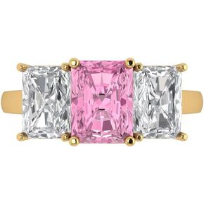Clara Pucci 3.94ct Emerald Cut 3 Stone Solitaire accent Pink Simulated Diamond Designer Wedding Anniversary Bridal Ring 14k yellow Gold