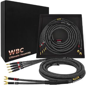 WORLDS BEST CABLES 8 Foot Ultimate - 9 AWG - Ultra-Pure OFC - Premium Audiophile HiFi Bi-Wire Speaker Cable Pair with Eminence Gold Spade (x2) & Banana (x4) Plugs & Carbon Tweed Jacket