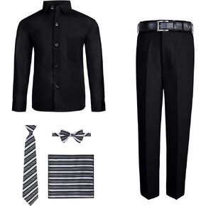 S.H. Churchill & Co. Boy's 6 Piece Black Dress Shirt and Black Comfort Waist Dress Pants Set - Includes Long Tie, Bow Tie, Hanky, and Belt – Size 6