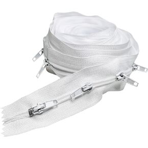 #3 White Zipper by The Yard Nylon Coil Zippers by The Yard with 15pcs Auto-Lock Installed Zipper Sliders and 15pcs White Pulls 5.0 Yards Long White Zipper for Sewing Crafts Bages.