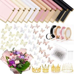 Windspeed 264P Flower Bouquet Wrapping Paper Kit Include 120P Bouquet Wrapping Paper 4 Ribbon 36 Crafts Butterflies 4 Crowns 100 Diamond Pins for Mother's Day