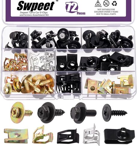 Swpeet 72Pcs Universal Metal Engine Under Cover Body Bolts Bumper Fender and Metal Trim Panel Spring Clip Auto Car U-Clip Trim Moulding Clip with Matched Screws Compatible with Most Cars in Saudi Arabia