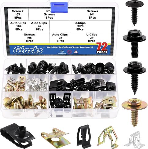 Glarks 72Pcs U-Clips and Body Bolts Screws Assortment Kit 9 Sizes Auto Car Clips Fasteners with Screws U Nuts Interior Trim Clips Self Tapping Screw Body Bolts Screw for Bumper Fender Trim Panels in Saudi Arabia