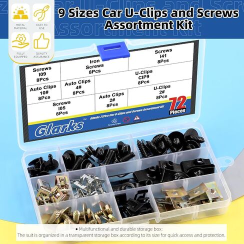 Glarks 72Pcs U-Clips and Body Bolts Screws Assortment Kit 9 Sizes Auto Car Clips Fasteners with Screws U Nuts Interior Trim Clips Self Tapping Screw Body Bolts Screw for Bumper Fender Trim Panels in Saudi Arabia