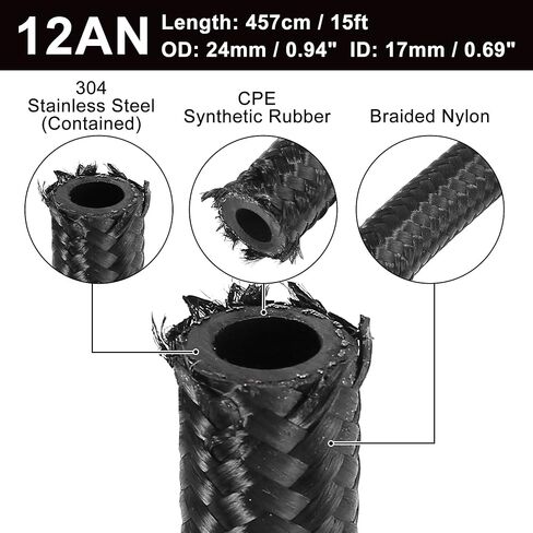 X AUTOHAUX 20ft 12AN Fuel Hose AN12 3/4" Universal Braided Nylon Stainless Steel CPE Oil Fuel Gas Line Hose Black in Saudi Arabia