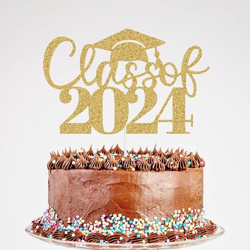 طبقة علوية للكيك لامعة من فئة 2024 - Congrats Grad 2024، لوازم تزيين حفلات التخرج من المدرسة الثانوية باللون الذهبي in Kuwait