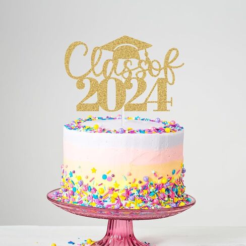 طبقة علوية للكيك لامعة من فئة 2024 - Congrats Grad 2024، لوازم تزيين حفلات التخرج من المدرسة الثانوية باللون الذهبي in Kuwait