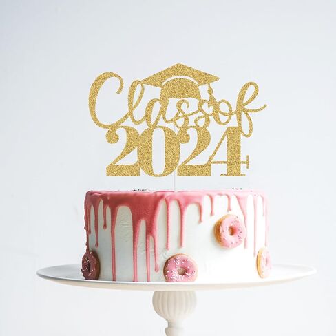 طبقة علوية للكيك لامعة من فئة 2024 - Congrats Grad 2024، لوازم تزيين حفلات التخرج من المدرسة الثانوية باللون الذهبي in Kuwait