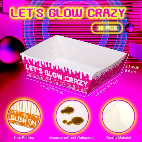 Funrous 30 Pcs 5lb Neon Party Tray with 40 Pcs Waxed Deli Paper Glow in The Dark Disposable Food Tray Neon Glow Nacho Serving Bowl for Neon Party Decoration Glow Party Supplies Graduation New Year in Saudi Arabia