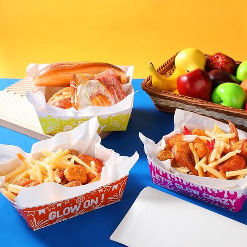 Funrous 30 Pcs 5lb Neon Party Tray with 40 Pcs Waxed Deli Paper Glow in The Dark Disposable Food Tray Neon Glow Nacho Serving Bowl for Neon Party Decoration Glow Party Supplies Graduation New Year in Saudi Arabia