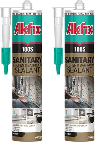Akfix 100S 100% Clear Silicone Caulk (2x10.1 fl.oz.) - Sanitary Applications, Waterproof & Low Odor Sealant for Kitchen and Bathroom, Bathtub, Shower, Sink - Anti Shrink Caulking | Clear, 2 Pack in Saudi Arabia