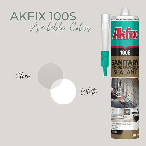 Akfix 100S 100% Clear Silicone Caulk (2x10.1 fl.oz.) - Sanitary Applications, Waterproof & Low Odor Sealant for Kitchen and Bathroom, Bathtub, Shower, Sink - Anti Shrink Caulking | Clear, 2 Pack in Saudi Arabia