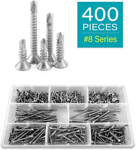 مجموعة متنوعة من براغي معدنية ذات رأس مسطح من الفولاذ المقاوم للصدأ بخيط كامل من الفولاذ المقاوم للصدأ 410 مع محرك فيليبس، 400 قطعة - مثالية لأعمال النجارة والأعمال المعدنية والمشروعات اليدوية in Kuwait