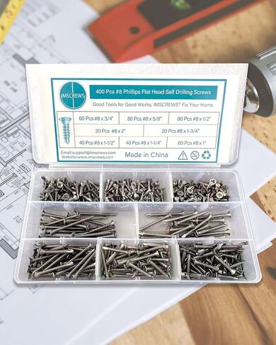 مجموعة متنوعة من براغي معدنية ذات رأس مسطح من الفولاذ المقاوم للصدأ بخيط كامل من الفولاذ المقاوم للصدأ 410 مع محرك فيليبس، 400 قطعة - مثالية لأعمال النجارة والأعمال المعدنية والمشروعات اليدوية in Kuwait