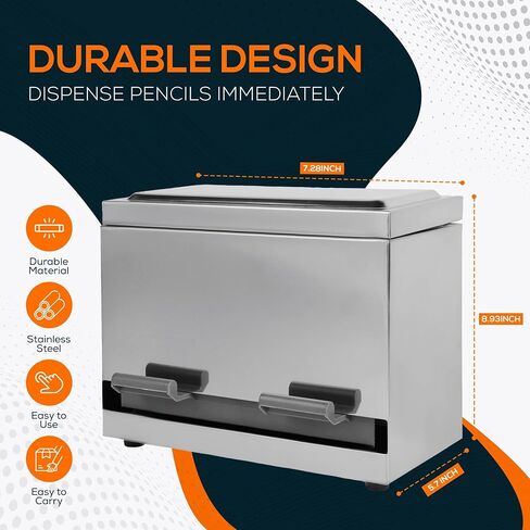 Pencil Dispenser for Classroom & Office Stainless Steel Pencil Dispenser Holder, Includes 50 Pre-Sharpened Pencils - Easy-Push Tabs, Non-Slip Rubber Feet - Metal Container for up to 200 Pencils in Saudi Arabia