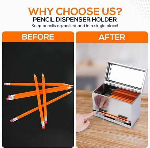 Pencil Dispenser for Classroom & Office Stainless Steel Pencil Dispenser Holder, Includes 50 Pre-Sharpened Pencils - Easy-Push Tabs, Non-Slip Rubber Feet - Metal Container for up to 200 Pencils in Saudi Arabia