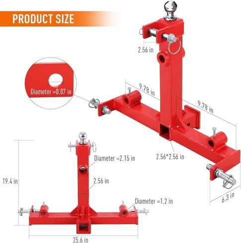 3 Point Trailer Hitch with 2 Inch Receiver Hay Bale Spear Attachment, 49" Hay Bale Spear & 2 Stabilizer Spears with Trailer Gooseneck Ball Drawbar in Saudi Arabia