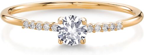 خاتم خطوبة من الذهب الأصفر والأبيض عيار 10 قيراط من Gem Stone King مصنوع من الياقوت الأبيض والألماس الأبيض للنساء (0.30 قيراط، مستدير 4 مم، متوفر بمقاس 5،6،7،8،9) in Kuwait