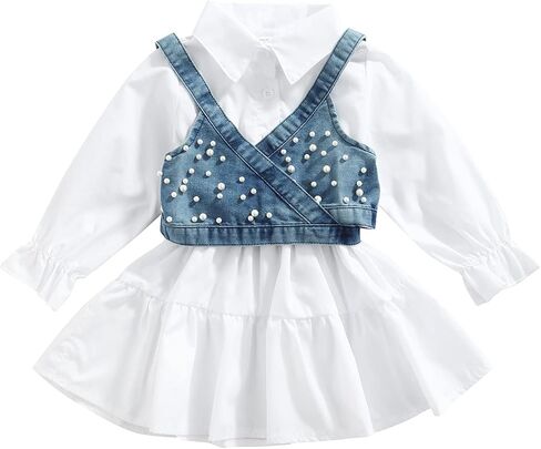 2PCS Baby Girl Strap Pearl Denim Crop Tops Beading Back Bandage Vest + Lapel Button Shirt Dress Set in Saudi Arabia