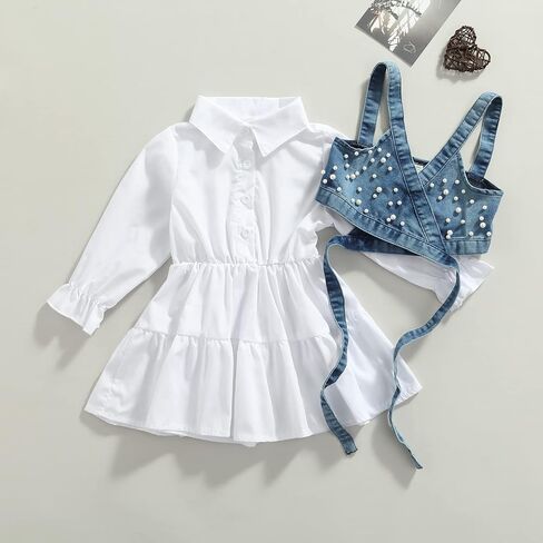 2PCS Baby Girl Strap Pearl Denim Crop Tops Beading Back Bandage Vest + Lapel Button Shirt Dress Set in Saudi Arabia