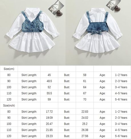2PCS Baby Girl Strap Pearl Denim Crop Tops Beading Back Bandage Vest + Lapel Button Shirt Dress Set in Saudi Arabia